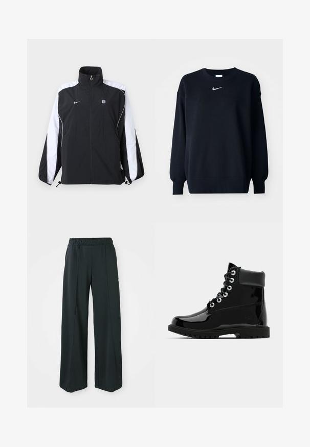Čierno-biela športová bunda Nike s plným predným zipsom, vysokým golierom a logom na ľavej strane hrude a pásmi na rukávoch.; Čierna mikina vyrobená z bavlnenej zmesi; rebrovaný okrúhly výstrih, dlhé rukávy a elastické manžety; s malým strieborným logom Nike na hrudi.; Čierne, široké športové nohavice s elastickým pásom. Vyrobené z hladkej, pružnej tkaniny, s jemnými prednými švami a bez vreciek.; Čierne lesklé členkové topánky s hladkým lakovaným povrchom, okrúhla špička, šesť očiek na šnurovanie a robustná gumová podrážka.