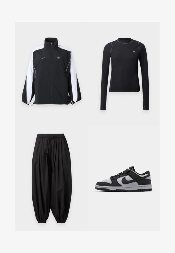 Veste de sport Nike noire et blanche avec fermeture éclair intégrale devant, col montant, logo sur la poitrine gauche et bandes sur les manches.; Top noir à manches longues avec un col haut, en tissu texturé, et coutures contrastées. Présente un petit logo sur la poitrine et un design ajusté.; Pantalon ample noir en coton avec taille élastique et cordon, jambes larges se rétrécissant vers des bas de jambes élastiques aux chevilles.; Baskets basses Nike Dunk noires et grises avec un bout perforé, des accents en cuir lisse et une semelle en caoutchouc avec un motif de traction texturé.
