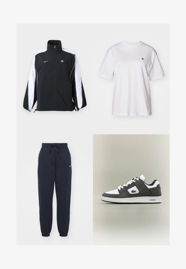 Zwart-witte Nike sportjas met volledige ritssluiting aan de voorkant, hoge kraag, en logo op de linkerborst en strepen op de mouwen.; Witte katoenen t-shirt met een relaxte pasvorm, korte mouwen en een klein geborduurd logo op de linkerborst.; Nike trainingsbroeken in marineblauw, gemaakt van zacht materiaal. Voorzien van een elastische tailleband met trekkoord en aangesloten enkels. Kleine witte logo-accent.; Zwart-witte Lacoste sneaker met witte veters, geperforeerde neus, krokodillogo aan de zijkant en merksol op een neutrale achtergrond.
