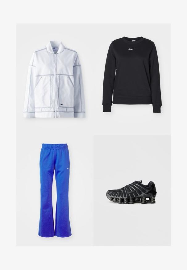 Chaqueta blanca de Nike con cierre frontal, cuello alto, costuras prominentes, dos bolsillos frontales y un pequeño logo negro en la parte inferior delantera.; Sudadera negra de mezcla de algodón, con puños y dobladillo acanalados, escote redondo y logo plateado de Nike en el pecho.; Pantalones deportivos acampanados en azul brillante, con cintura elástica, dos bolsillos laterales y un pequeño logotipo blanco en la parte delantera.; Zapatilla deportiva negra con parte superior de malla texturizada y suela gruesa distintiva con secciones redondeadas. Cordones y talón reforzado para mayor soporte.