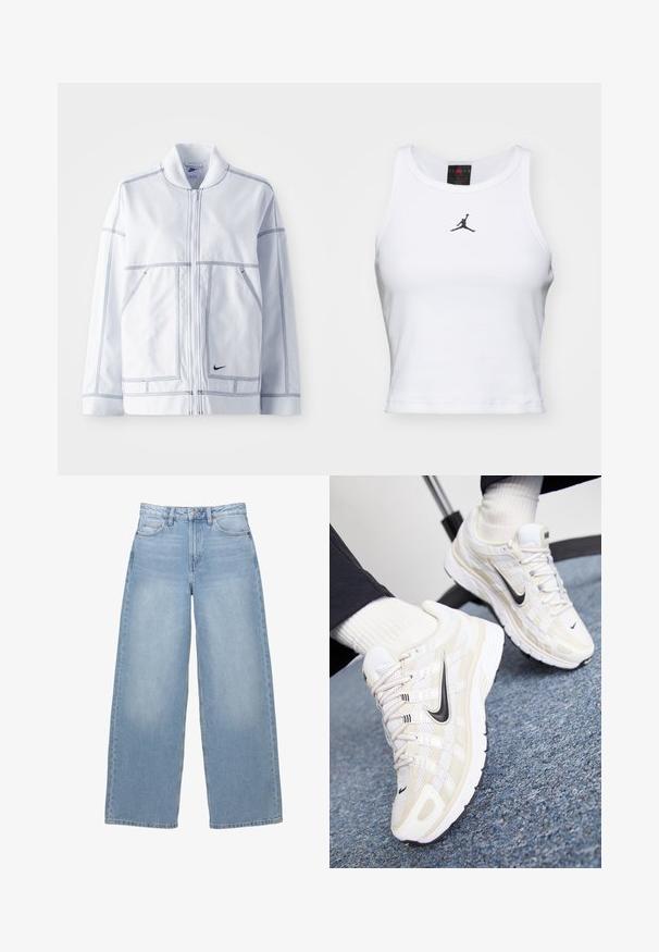 Witte Nike-jas met een rits aan de voorkant, hoge kraag, opvallende stiksels, twee voorzakken en een klein zwart logo aan de onderkant van de voorkant.; Witte crop tanktop van katoen met een ribbeltextuur. Beschikt over een zwart Jordan-logo in het midden en een klassieke ronde hals.; Lichtblauwe, wijde spijkerbroek van denim. Heeft een hoge taille, zijzakken en een knoopsluiting. Glad van textuur met subtiele vervaging.; Witte en beige Nike sneakers met een mesh bovenwerk, textuur overlay, zwarte swoosh en een gevoerde zool met een gripzool.