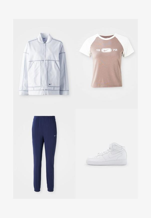 Chaqueta blanca de Nike con cierre frontal, cuello alto, costuras prominentes, dos bolsillos frontales y un pequeño logo negro en la parte inferior delantera.; Camiseta de manga corta con un cuerpo de color marrón claro y mangas raglán blancas, que presenta un gran logotipo gráfico blanco y el año "1972" centrado en el frente.; Pantalones deportivos azul marino con cintura elástica, piernas ajustadas y logo de Nike blanco en el lado izquierdo. Hechos de una tela suave.; Zapatillas altas blancas de cuero con cuello acolchado, puntera perforada, cordones y correa ajustable en el tobillo; logo en el lado.