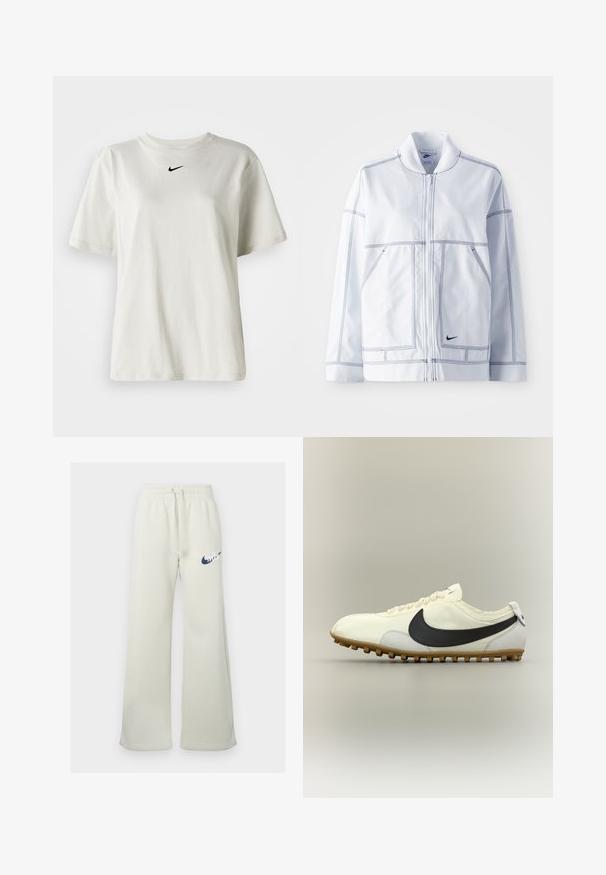 Witte Nike-jas met een rits aan de voorkant, hoge kraag, opvallende stiksels, twee voorzakken en een klein zwart logo aan de onderkant van de voorkant.; Witte katoenen t-shirt met een ronde halslijn en korte mouwen. Heeft een klein zwart Nike-logo op de borst. Eenvoudig en onopgesmukt ontwerp.; Crème-kleurige sweatpants van een katoenmix, met een relaxte pasvorm, elastische tailleband met trekkoord en een marineblauw Nike-logo aan de voorkant.; Witte lage sportschoen met zwarte Nike-swoosh, rubberen zool en witte veters, getoond op een neutrale achtergrond in zijaanzicht.
