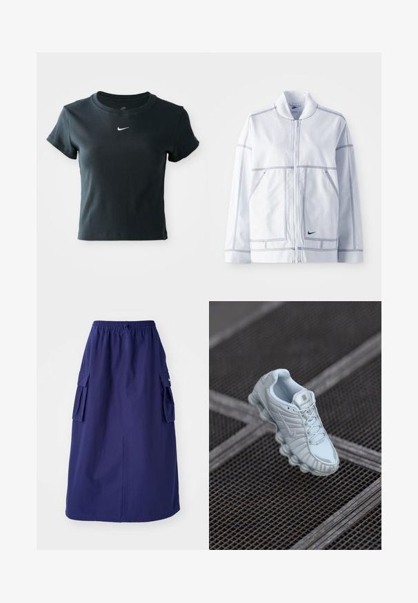 Witte Nike-jas met een rits aan de voorkant, hoge kraag, opvallende stiksels, twee voorzakken en een klein zwart logo aan de onderkant van de voorkant.; Korte mouw, cropped zwart geribbeld t-shirt gemaakt van zachte stof, met een klein wit Nike-logo op de borst.; Marineblauwe, middellange rok met een elastische tailleband, voorzien van twee zijcargo pockets en een minimale logo-opdruk. Gladde stoftextuur.; Lichtblauw sportschoen met een gestructureerde bovenkant, voorzien van een ronde zool met cilindrische elementen en een opvallend logo op de tong.