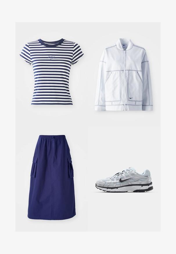 Chaqueta blanca de Nike con cierre frontal, cuello alto, costuras prominentes, dos bolsillos frontales y un pequeño logo negro en la parte inferior delantera.; Camiseta de rayas azul marino y blanca, mezcla de algodón, con mangas cortas y cuello redondo, que presenta un pequeño logo de Nike bordado en el frente.; Falda azul marino de longitud media con una cinturilla elástica, que presenta dos bolsillos laterales tipo cargo y un detalle de logotipo minimalista. Textura de tela suave.; Zapatillas Nike P-6000 con parte superior de malla gris claro, acentos negros y suela de goma negra duradera. Presentan un diseño intrincado y un sistema de cordones.