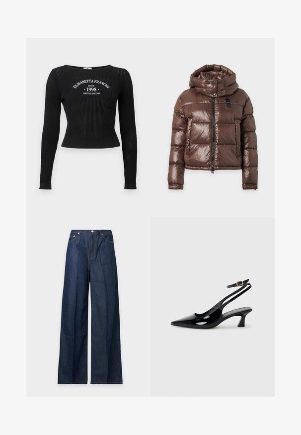 Veste matelassée brillante marron avec un col montant, fermeture éclair à l’avant, deux poches latérales et des boutons-pression aux poignets et au col.; Haut noir en tricot côtelé à manches longues avec un col rond et un texte graphique blanc indiquant "ELISABETTA FRANCHI SINCE 1998 LIMITED EDITION".; Jean en denim bleu foncé à jambes larges avec poches avant, passants de ceinture et fermeture par bouton, présenté sur un fond clair uni.; Escarpins à brides arrière en cuir verni noir, à bout pointu, avec un petit talon carré et une sangle de cheville ajustable dotée d'une boucle dorée.