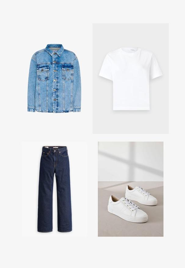 Veste en denim bleu clair avec un col classique, des boutons à l'avant, deux poches poitrine et des coutures structurées. Présente une texture usée et des poignets ajustables.; T-shirt blanc uni en coton à manches courtes, col rond et ourlet droit, présenté sur fond blanc.; Jeans en denim droit bleu foncé avec cinq poches, surpiqûres orange et fermeture à boutons.; Des baskets blanches en cuir texturé, avec des bouts ronds, des semelles blanches plates et des œillets dorés pour les lacets. Design minimaliste avec des détails perforés.
