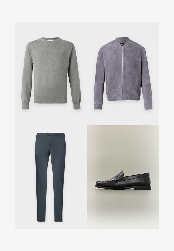 Chaqueta bomber de ante gris con cremallera frontal, cuello, puños y cintura acanalados, con bolsillos laterales y una etiqueta BOSS en el interior del cuello.; Calvin Klein Jersey de punto - medium grey; Pantalones slim-fit en tejido gris oscuro, con un diseño de frente plano, passantes para cinturón y bolsillos laterales, con una textura suave y una forma ajustada.; Mocasín de hombre de cuero negro con diseño moc-toe, tira de tipo penny y tacón bajo sobre fondo neutro.