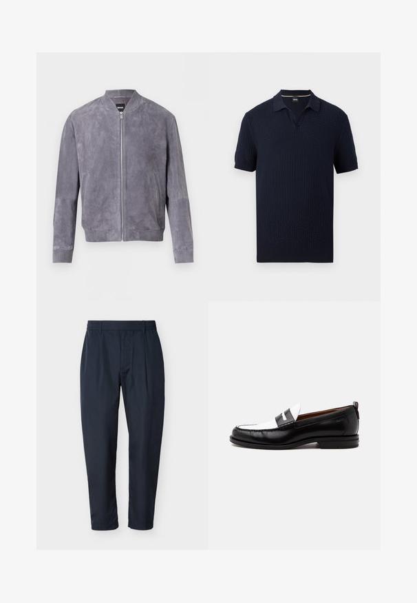 Blouson aviateur en daim gris avec fermeture éclair frontale, col, poignets et ceinture côtelés, doté de poches latérales et d'une étiquette BOSS à l'intérieur du col.; Polo à manches courtes texturé bleu marine avec col ouvert et poignets et ourlet côtelés, étiqueté BOSS.; Pantalon droit bleu marine avec passants pour ceinture et plis sur le devant, présenté sur un fond blanc.; Mocassin en cuir noir et blanc avec des détails cousus, un petit talon et un design slip-on, présenté de profil sur un fond uni.