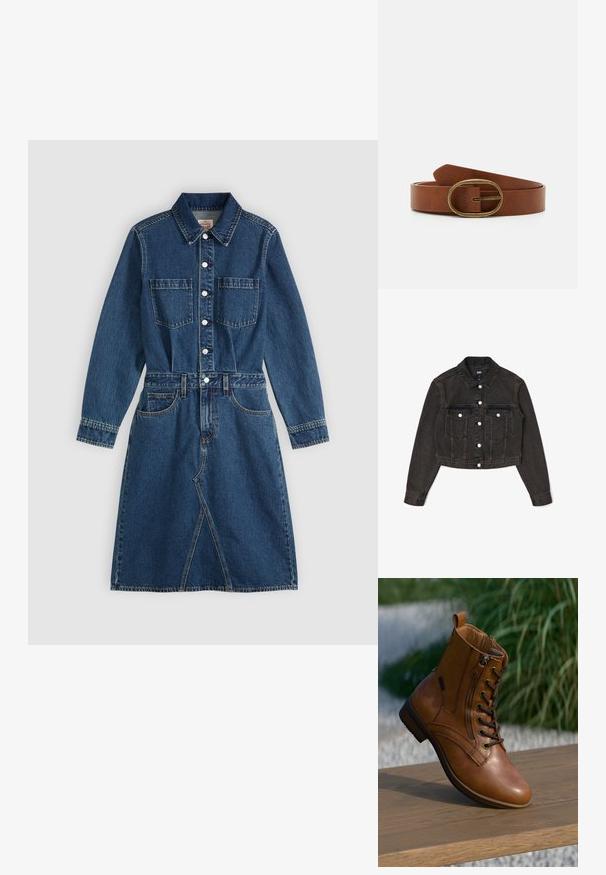 Zwarte denim cropped jack met twee voorzakken, zilveren knopen en een klassieke kraag. Heeft lange mouwen en een gestructureerde afwerking.; Blauwe denim jurk met lange mouwen, kraag, knopen aan de voorkant, twee borstzakken, ceintuur in de taille en zakken boven een rok tot over de knie.; Bruine leren enkellaars met zijrits en veters, geplaatst op een houten oppervlak buiten met vervaagde groene achtergrond.; Bruin leren riem met een ovale bronzen gesp. De riem heeft een gladde textuur en een enkele stikseldetail nabij de gesp voor een designaccent.