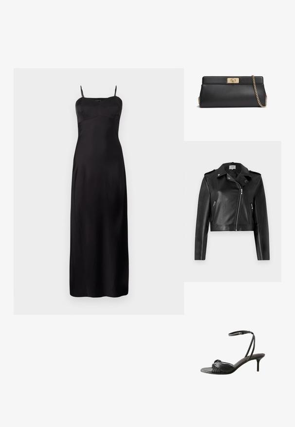 JDY JDYMOXY JACKET - Bunda z nepravej kože - black; Čierna saténová slip šaty s tenkými ramienkami, s priliehavým telom, A-liniovou siluetou a dĺžkou po zem. Hladká textúra.; Čierna kožená sandála na vysokom podpätku s uzlovými remienkami cez prsty a tenkým remienkom okolo členku so zapínaním na pracku.; Čierna kožená listová kabelka so zámkom na otočenie v zlatej farbe a zodpovedajúcim zlatým reťazovým ramenným popruhom.