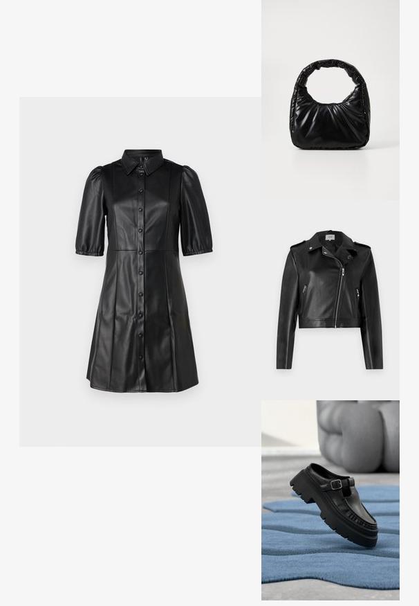 JDY JDYMOXY JACKET - Μπουφάν από συνθετικό δέρμα - black; Μαύρο δερμάτινο φόρεμα με γιακά πουκαμίσου, κοντά φουσκωτά μανίκια και κούμπωμα με κουμπιά. Λείος υφή με φαρδιά σιλουέτα.; Μαύρο δερμάτινο μοκασίνι με χοντρή σόλα και ασημένια πόρπη, τοποθετημένο διαγώνια πάνω σε μπλε υφασμάτινο χαλί.; Μαύρη μαλακή τσάντα με στρογγυλή λαβή, με γυαλιστερή επιφάνεια και μαλακή, γεμάτη υφή. Χωρίς ορατά μεταλλικά στοιχεία ή διακοσμητικά.