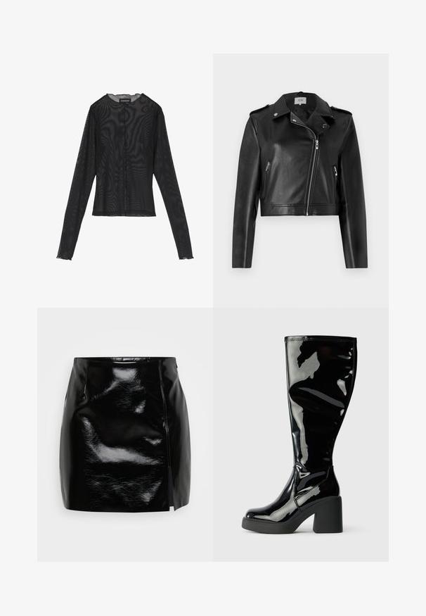 JDY JDYMOXY JACKET - Μπουφάν από συνθετικό δέρμα - black; Μαύρο μπλουζάκι με μακριά μανίκια φτιαγμένο από διάφανη ύλη, διαθέτοντας στρογγυλή λαιμόκοψη, μπροστινό κλείσιμο με κουμπιά και κυματιστές άκρες στις μανσέτες.; Μαύρη μίνι φούστα από γυαλιστερό υλικό. Διαθέτει πλαϊνό φερμουάρ και σχισμή στη δεξιά πλευρά για πρόσθετη λεπτομέρεια και σχέδιο. Λείος υφή.; Μαύρες πατούσες από πατέντα δέρμα ύψους μέχρι το γόνατο με λεία, γυαλιστερή επιφάνεια, τετράγωνες μύτες και χοντρές μαύρες σόλες. Ραφές κατά μήκος της πλευράς.