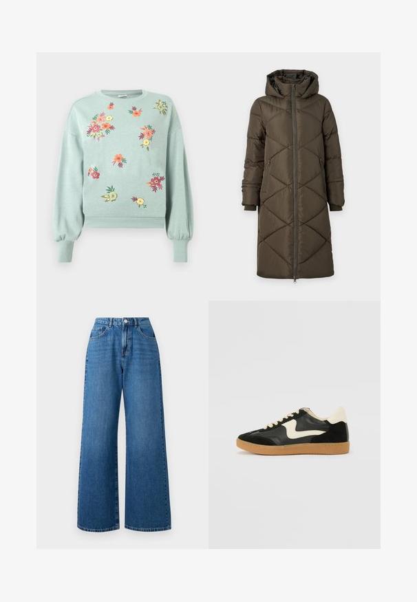 Doudoune en vert olive, avec capuche, fermeture éclaire, deux poches avant et un motif en losanges matelassé. Le tissu semble lisse et doux.; Sweatshirt vert clair avec broderies florales en rose, orange et jaune. Il présente des poignets et un ourlet côtelés, avec une coupe décontractée et des manches ballon.; Jean en denim bleu à jambes larges avec une taille haute, présentant un design à cinq poches, une fermeture à bouton à l'avant et un délavage subtil sur le tissu.; Baskets en daim et cuir noir avec un swoosh latéral crème et un talon crème clair. Dotées de lacets beige et d'une semelle en caoutchouc gomme.