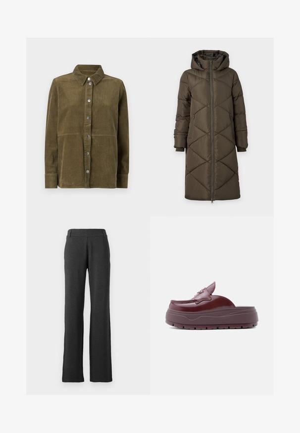 Pufferjack in olijfgroen, voorzien van een capuchon, ritssluiting, twee voorkruiszakken en een gedessineerd ruitpatroon. De stof lijkt soepel en zacht.; Olijfgroene corduroy shirt jas met een kraag, lange mouwen, zilveren knopen en een verticale ribbelstructuur.; Donkergrijze, rechte broek gemaakt van zachte stof. Heeft een gladde tailleband en geen zichtbare patronen of accenten.; Bordeaux laktleren klompen met een platformzool, voorzien van een strikaccent en een ronde vorm. Gecorrodeerde rubberen loopzool voor grip.