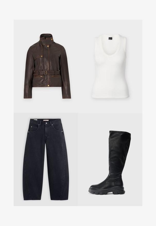 Donkerbruine leren jas met hoge kraag, getailleerde taille met ceintuur, ritssluitingen op de borstzakken en drukknopdetails.; Witte, mouwloze geribbelde top met V-hals en zwart label aan de achterkant van de kraag, weergegeven op een effen witte achtergrond.; Zwarte denim wijde pijpen jeans met een hoge taille, twee frontzakken en zilveren hardware. Gladde textuur, minimale stiksels en rechte snit.; Zwarte kniehoge laarzen van soepel leer, met een stevige rubberen zool met een gestructureerde grip en een gestroomlijnd ontwerp.