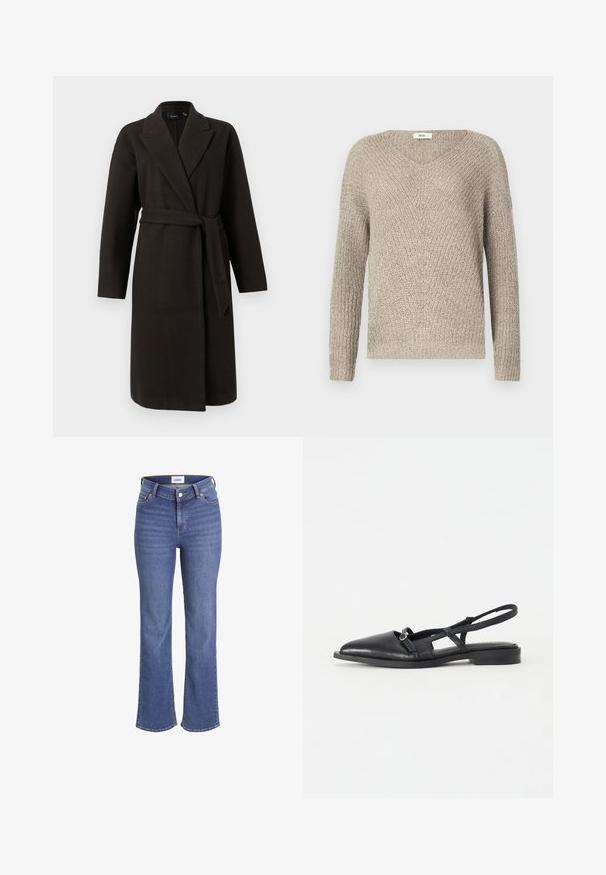 Vero Moda VMFORTUNE LONG JACKET - Klassikaline mantel - chocolate torte; Heledbeez žakaarlõngaga kootud sviiter, millel on V-kaelus, pikad varrukad ja tekstureeritud muster, ribatud varruka- ja alumine serv.; Tumed sinised teksad kõrge vöökohaga, laia säärega ning traditsioonilise viie taskuga disainiga. Omab nähtavat õmblust ja esist nuppude sulgemist.; Musthave nahkasing kaarvega kingad, terava nina, madala kandaga, lõikega disainiga ja dekoratiivse ümmarguse pandlaga.