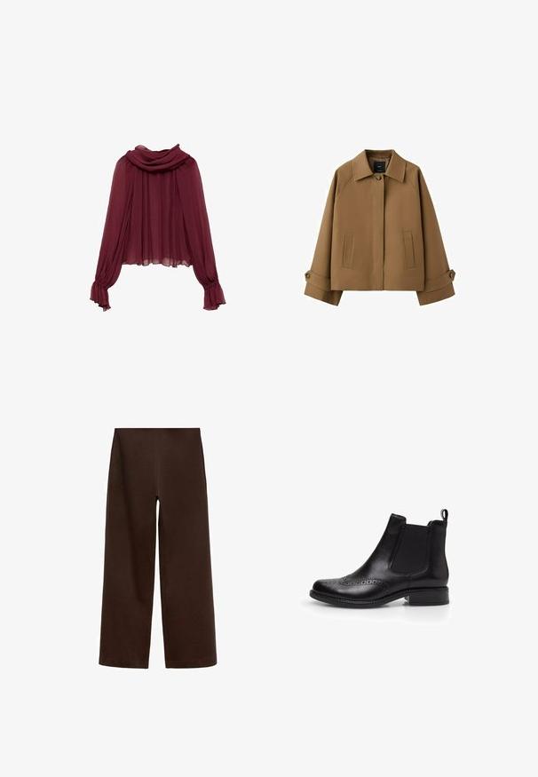 Brun cropped jakke med bred krave, enkelt knaplukning, to forlommer og stropper med knapper ved ærmekanterne.; Bordeaux chiffonbluse med draperet hals og lange ærmer. Ærmerne har samlede manchetter, hvilket skaber en flydende silhuet.; Brune bredbenede bukser lavet af et glat, blødt stof uden synlige sømme eller lukninger, med en elastisk talje for komfort.; Bata Støvletter - nero