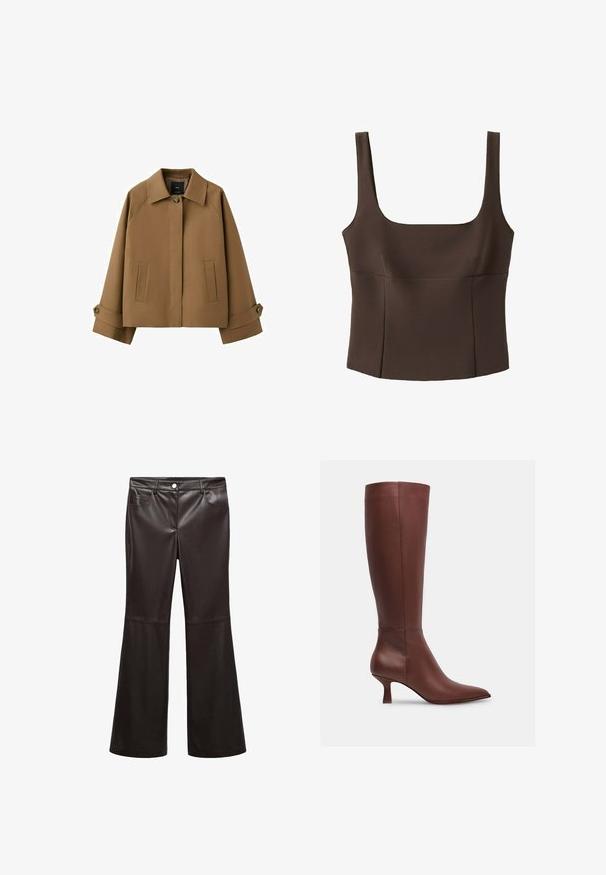 Veste courte marron avec large col, fermeture à un bouton, deux poches avant et bracelets de manche à bouton.; Top marron sans manches, court, avec un large décolleté carré et des coutures ajustées, en tissu texturé.; Pantalons évasés noirs en faux cuir lisse, dotés de poches avant, d'une fermeture éclair et d'un bouton argenté. Détails de couture accentués.; Botte en cuir marron montant jusqu'au genou, avec un bout pointu et un talon effilé. Texture lisse sans motifs visibles ni accents en métal.