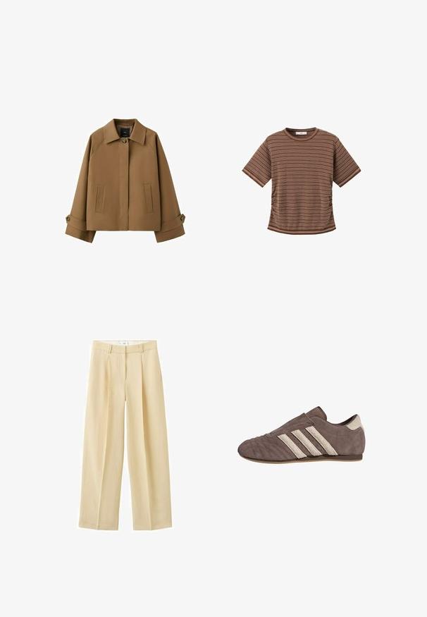 Veste courte marron avec large col, fermeture à un bouton, deux poches avant et bracelets de manche à bouton.; T-shirt marron à manches courtes avec fines rayures blanches horizontales et col rond sur fond blanc.; Pantalon beige taille haute à jambes larges avec plis sur le devant, passants pour ceinture et fermeture éclair dissimulée.; Chaussure en suede marron avec une finition texturée, présentant trois bandes blanches bien visibles et une semelle basse. Design à enfiler sans lacets.