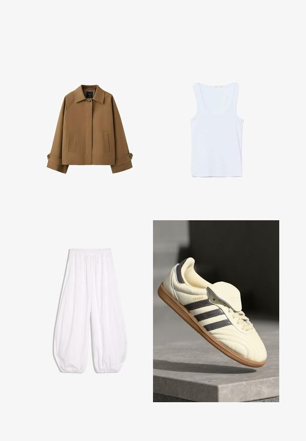 Veste courte marron avec large col, fermeture à un bouton, deux poches avant et bracelets de manche à bouton.; Débardeur blanc sans manches avec encolure dégagée, posé à plat sur un fond blanc.; Pantalon blanc ample avec taille élastique et poignets élastiqués, fabriqué en tissu léger.; Baskets en cuir crème avec trois bandes sombres, une semelle extérieure en gomme marron et un bout arrondi. Présentent une languette pliable étiquetée "SAMBA."