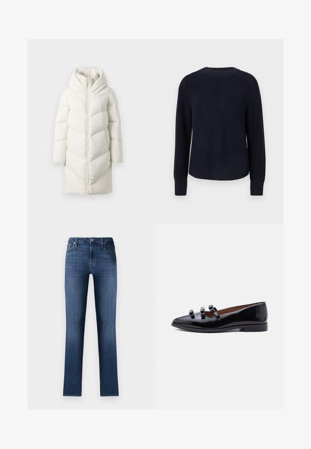 Lang hvid quiltet pufferjakke med hætte, frontlynlås, og ribbet indvendig krave, præsenteret på en neutral baggrund.; Marineblå strikket crewneck sweater med lange ærmer og ribstrikkede manchetter, vist på en enkel lys baggrund.; Mørkeblå denimjeans med lige pasform, klassisk fem-lomme design, frontknaplukning og subtilt slid, der giver en brugt effekt.; Sort laklæder flad sko med tre tynde remme over toppen og en lav hæl, vist i profil mod en hvid baggrund.