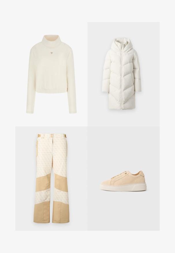 Lang hvid quiltet pufferjakke med hætte, frontlynlås, og ribbet indvendig krave, præsenteret på en neutral baggrund.; Guess Sweatshirt - crema; Beige snowsuitbukser med mønstrede stof og ensfarvede accenter. Har to knapper, flere lommer og brede ben. Struktureret overflade.; Beige ruskindssneaker med rundet tå, ton-i-ton syninger og en tyk hvid gummisål. Har flade snørebånd og et minimalistisk design.