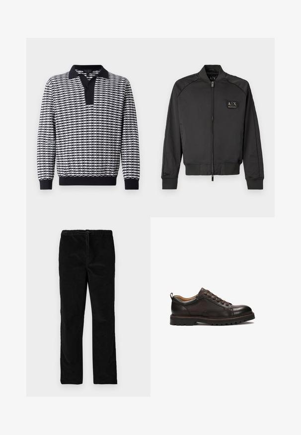 Zwarte bomberjack met ribgebreide kraag, manchetten en zoom, voorrits en een klein Armani Exchange logo-opdruk op de linker borst.; Zwart-wit gestreepte longsleeve pullover met een kraag, voorzien van een knoopsluiting en ribgebreide manchetten aan de onderkant en de mouwen.; Zwarte rechte fluwelen broek met elastische tailleband en voorste trekkoord, gepresenteerd tegen een eenvoudige witte achtergrond.; Bruine leren schoen met een gladde afwerking, ronde neus en een vetersluiting met 6 gaatjes. Inclusief een geperforeerde zool voor grip en duurzaamheid.