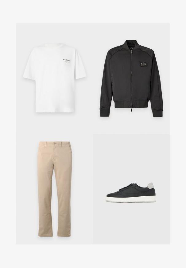 Sort bomberjakke med ribbet krave, manchetter og bund, frontlynlås og et lille Armani Exchange-logo på venstre bryst.; Hvid kortærmet bomulds T-shirt med lille sort "ALLSAINTS" tekst og japanske tegn trykt på venstre bryst.; Beige chinos lavet af bomuld, med lige ben-design, traditionel knaplukning og sidelommer med ren syning.; Sort lavtop-sneakers med hvid sål og grå hælkappe, set fra siden på en helt hvid baggrund.