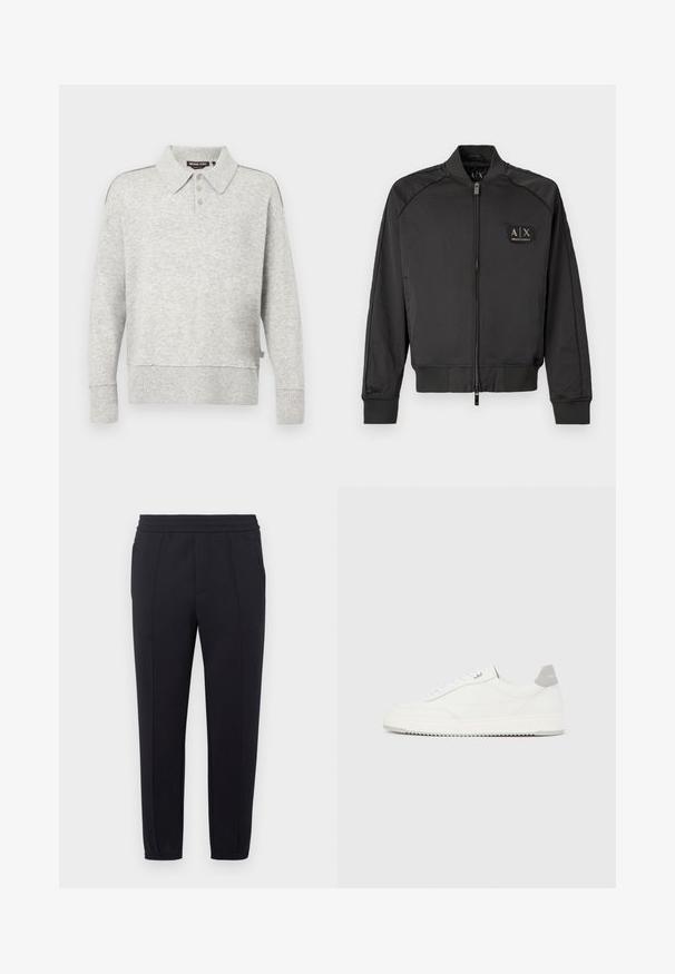 Veste bomber noire avec col, poignets et ourlet côtelés, fermeture éclair à l'avant et un petit patch de logo Armani Exchange sur la poitrine gauche.; Pull polo gris clair à manches longues avec patte de boutonnage, poignets et ourlet côtelés, et une texture tricotée douce.; Pantalon de jogging noir avec une taille élastique, des jambes fuselées, des poches latérales et une texture de tissu lisse. Présente des détails cousus le long des coutures.; Baskets basses blanches avec un onglet de talon gris, des lacets blancs et une semelle texturée, présentées sur un fond uni clair.