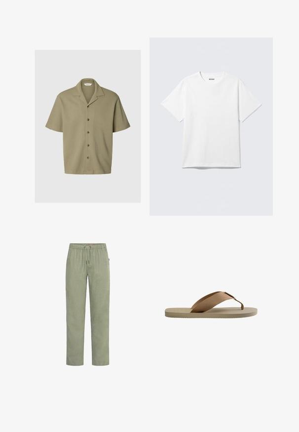 Chemise beige à manches courtes en tissu tissé, avec col ouvert et cinq boutons sur le devant, présentée sur un fond clair uni.; T-shirt blanc à manches courtes et col rond, étalé à plat, design uni, avec l'étiquette "WEEKDAY" à l'intérieur du col sur un fond clair.; Pantalon vert clair à jambes droites avec taille élastique et cordon de serrage, fabriqué en tissu doux.; Sandale tong beige avec semelle texturée et large bride d'orteil en tissu marron sur fond blanc.