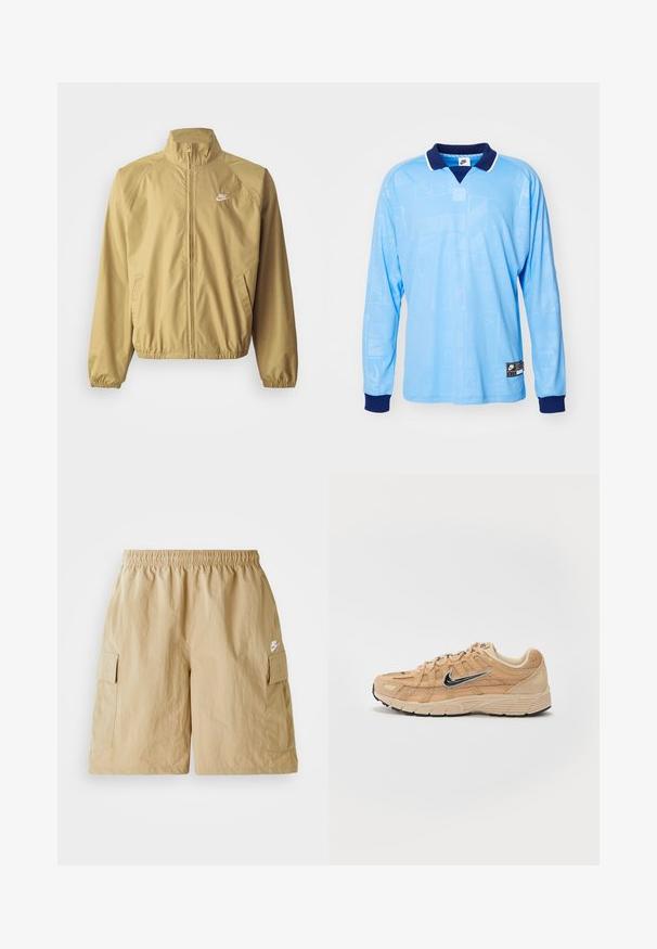 Chaqueta cortavientos beige claro con cuello alto, cremallera completa, puños elásticos, bolsillos laterales y un pequeño logotipo blanco en el pecho.; Camisa polo de manga larga azul claro con collar y puños en azul marino, que presenta un sutil patrón por toda la prenda y la marca Nike en el dobladillo inferior.; Pantalones cortos de cargo beige con cintura elástica, bolsillos delanteros y un pequeño logo de Nike en blanco. Tejido ligero con una textura arrugada.; Zapatilla deportiva beige con materiales de malla y ante, silueta curva, suela negra, prominente logo plateado de Nike en el lateral y acentos texturizados.
