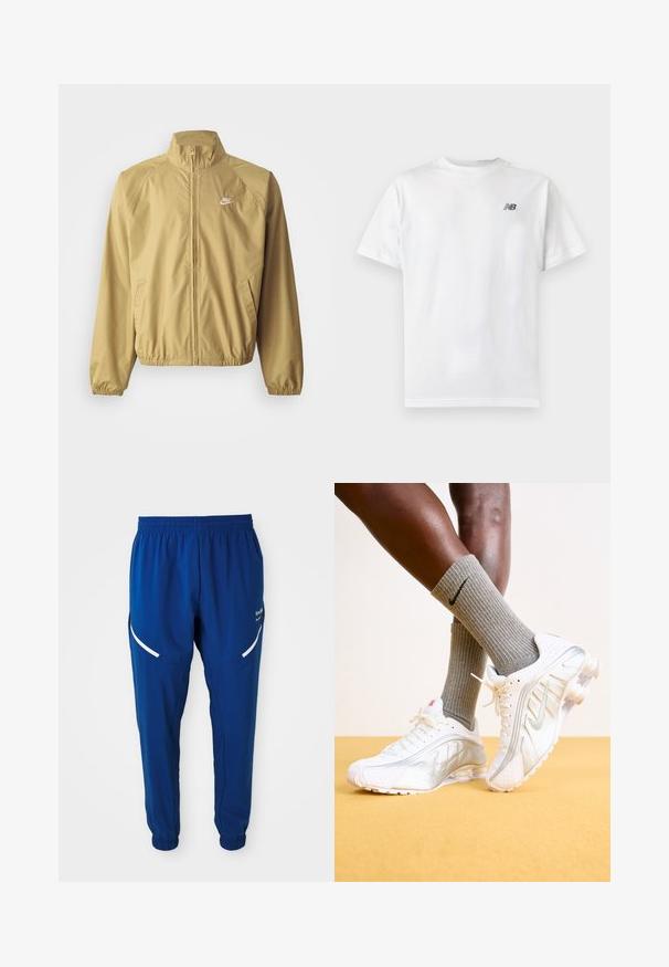 Chaqueta cortavientos beige claro con cuello alto, cremallera completa, puños elásticos, bolsillos laterales y un pequeño logotipo blanco en el pecho.; Camiseta blanca de manga corta con cuello redondo y un pequeño logo negro de New Balance en la parte superior izquierda del pecho sobre un fondo liso y claro.; Pantalones deportivos de color azul royal con cintura y puños elásticos, tiras reflectantes blancas curvas en los muslos y pequeño logotipo blanco en el lado derecho.; Zapatillas Nike en blanco con detalles plateados, con paneles texturizados y perforaciones. Combinadas con calcetines grises acanalados, sobre un fondo amarillo.