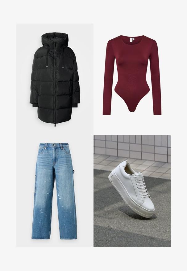 Schwarze gepolsterte Jacke mit hohem Kragen, Frontreißverschluss und Kordelzug. Verfügt über lange Ärmel und Seitentaschen, entworfen für Wärme und Komfort.; Burgunderfarbener Langarm-Bodysuit aus glattem, elastischem Material; verfügt über einen runden Halsausschnitt und einen Tanga-Slip mit Druckknopfverschluss.; Hellblaue Denim-Cargo-Jeans mit weitem Bein, ausgewaschenen Bereichen und Farbspritzern. Mit Seitentaschen und Knopfleiste.; Weiße Leder-Sneaker mit einem Low-Top-Design, flachen Schnürsenkeln, runder Zehenform und strukturierten Seiten. Dicke Gummisohle mit dezenten Akzenten.