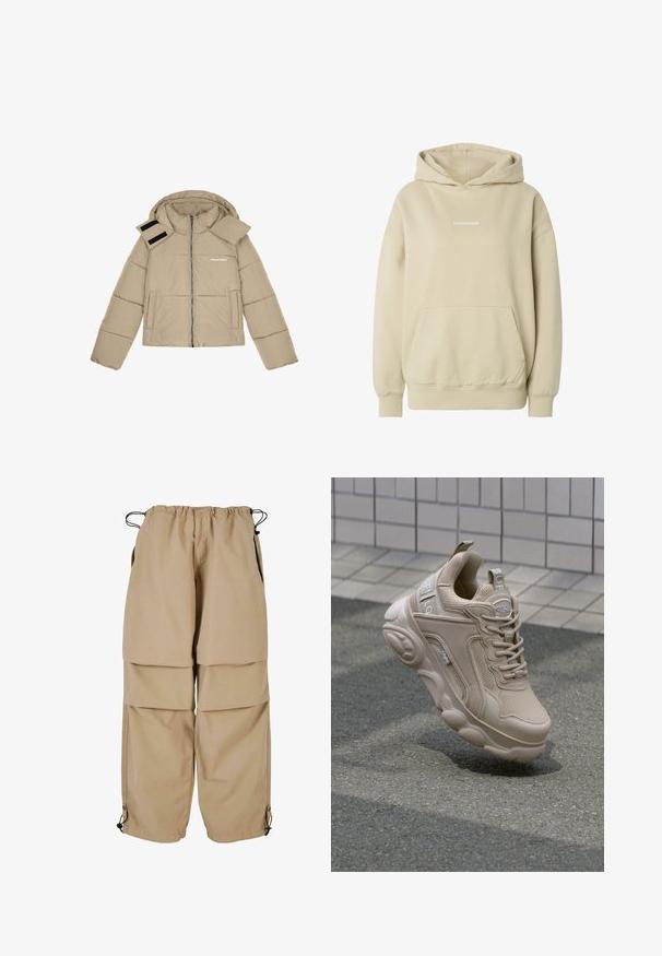 Beige Steppjacke mit Kapuze, Reißverschluss vorne, zwei seitlichen Taschen und Klettverschluss- Akzenten an der Schulter. Textlogo auf der Brust.; Beiger Hoodie mit vorderer Kängurutasche, gerippten Bündchen und Saum sowie kleinem weißem "PEBAGOR"-Logo in der Mitte der Brust.; Beige Cargo-Hosen mit elastischem Bund, geschichteter Optik und seitlichen Taschen. Verfügt über verstellbare Bündchen mit Toggle-Verschlüssen für eine anpassbare Passform.; Beige Sport Schuh mit einem Obermaterial aus Mesh und Synthetik, gepolstertem Kragen und einer robusten Sohle mit strukturierten Akzenten. Branding auf der Seite sichtbar.