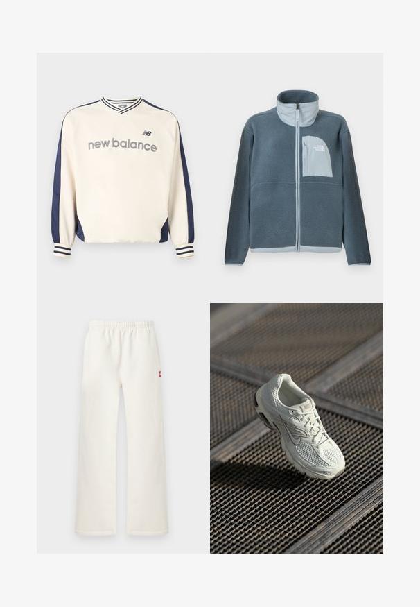 Veste en polaire bleu clair avec fermeture éclair complète à l'avant et poche poitrine arborant le logo The North Face sur le côté droit.; Sweat-shirt New Balance à manches longues crème et marine avec poignets et col rayés, et texte « new balance » sur la poitrine.; Pantalon droit de couleur blanc cassé avec taille élastique et petite écusson rouge sur le côté droit, présenté sur un fond clair uni.; Baskets de course Nike blanches avec une tige en maille et synthétique reposant sur un revêtement de sol en grille métallique, sous une lumière naturelle douce.