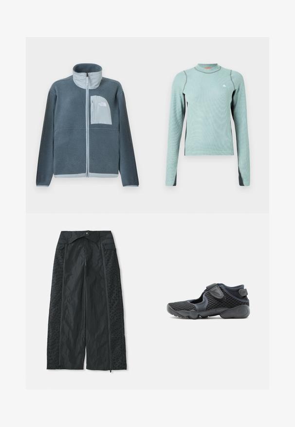 Lyseblå fleecetrøje med fuld lynlås foran og brystlomme med The North Face-logo på højre side.; Lys grøn langærmet skjorte med høj hals, prydet med grå detaljer og et struktureret stof. Lille logo på brystet.; Sort brede bukser lavet af letvægtsmateriale, der har teksturerede mønstre på siderne og lynlåsåbninger ved kanten.; Sort sportssko med mesh-overdel, to justerbare velcroremme og polstret sål designet til komfort og fleksibilitet.