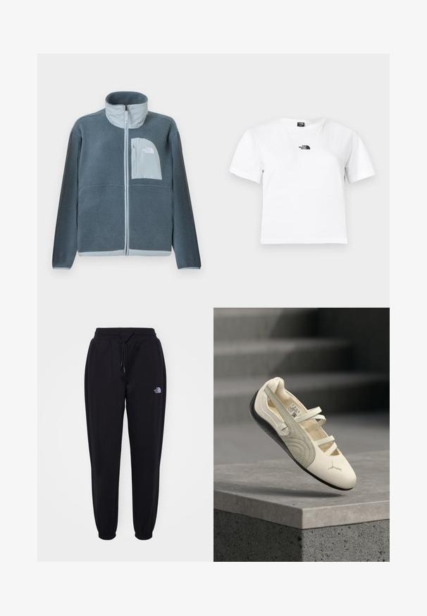Lyseblå fleecetrøje med fuld lynlås foran og brystlomme med The North Face-logo på højre side.; Hvid bomulds t-shirt med korte ærmer, rund hals og et sort The North Face-logo på brystet. Enkel, udekoreret design.; Sorte joggingbukser med elastisk talje og manchetter, snoretræk, sidelommer og lille hvid The North Face-logo på højre lår.; Hvid og grå balletflat-sneaker med tre elastiske stropper og sort sål, vist i luften over en betonhylde.