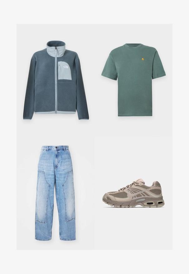 Lyseblå fleecetrøje med fuld lynlås foran og brystlomme med The North Face-logo på højre side.; Grøn bomulds t-shirt med rund hals og korte ærmer, med et lille gult logo på venstre bryst. Blød tekstur, afslappet design.; Lysblå denim bredbenede bukser med to store forlommer, en knaplukning og subtil falming. Syninger på lommedetaljerne.; Beige sportssko med mesh-overdel, formede detaljer, rund tå og synlig luftdækning i sålen. Snørebånd i neutral farve.