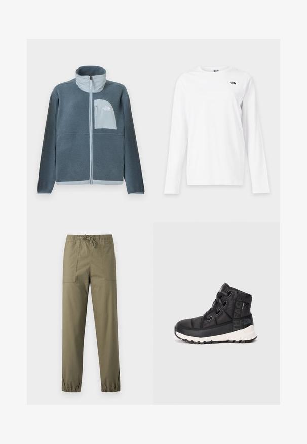 Lichtblauwe fleecejas met volledige ritssluiting aan de voorkant en een borstzakje met het The North Face-logo aan de rechterzijde.; Wit shirt met lange mouwen en ronde hals met klein zwart The North Face-logo op de linkerborst.; Olijfgroene broek gemaakt van een gladde stof met een elastische tailleband, verstelbare trekkoord en elastische boorden bij de enkels.; Zwarte mid-top wandelschoenen met een gestructureerde afwerking, verstelbare veters en een witte rubberen zool. Heeft merkbranding aan de zijkant.
