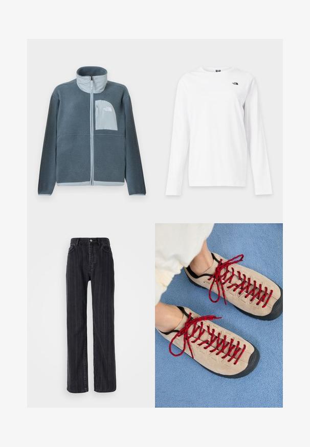 Veste en polaire bleu clair avec fermeture éclair complète à l'avant et poche poitrine arborant le logo The North Face sur le côté droit.; T-shirt blanc à manches longues avec col rond et petit logo noir The North Face sur le côté gauche de la poitrine.; Jean en denim noir taille haute avec un motif rayé vertical, coupe droite et fermeture à bouton métallique à l'avant.; Des chaussures beiges avec des lacets rouges, posées sur une surface bleue texturée, révèlent partiellement la cheville d'une personne. Les chaussures ont un design sportif.