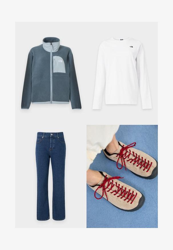Veste en polaire bleu clair avec fermeture éclair complète à l'avant et poche poitrine arborant le logo The North Face sur le côté droit.; T-shirt blanc à manches longues avec col rond et petit logo noir The North Face sur le côté gauche de la poitrine.; Jean denim bleu à jambes droites avec cinq poches, passants pour ceinture, fermeture par bouton et détails de couture visibles.; Des chaussures beiges avec des lacets rouges, posées sur une surface bleue texturée, révèlent partiellement la cheville d'une personne. Les chaussures ont un design sportif.