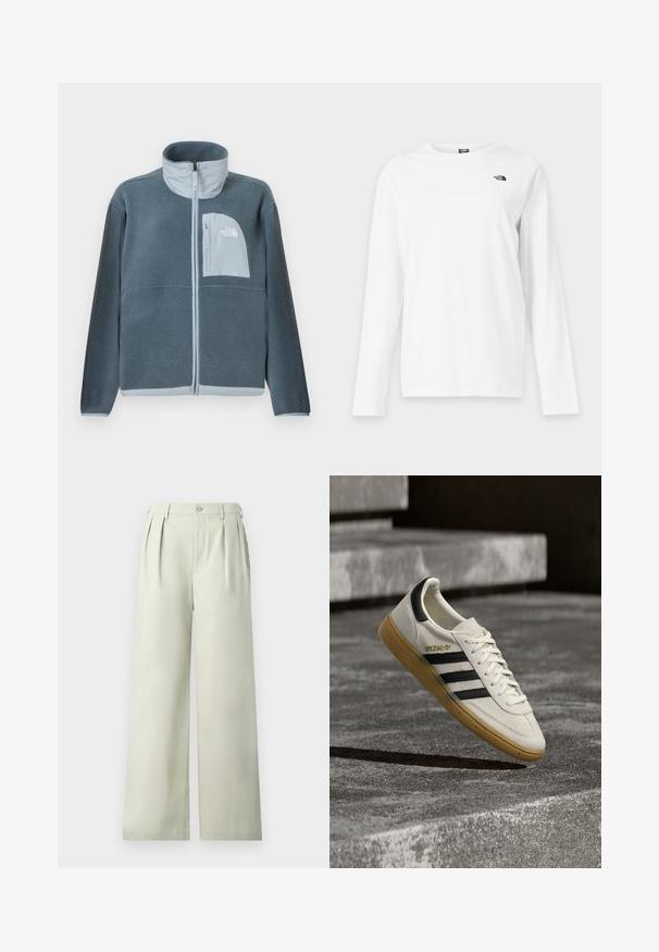 Lyseblå fleecetrøje med fuld lynlås foran og brystlomme med The North Face-logo på højre side.; Hvid langærmet T-shirt med rund hals og lille sort The North Face-logo på venstre bryst.; Lysgrønne brede bukser lavet af glat stof, med plisseringer, en enkelt knap ved taljen og en ren skæring.; Hvid Adidas Spezial sneaker med sorte striber og gummisål, svævende over grå stentrin udendørs.