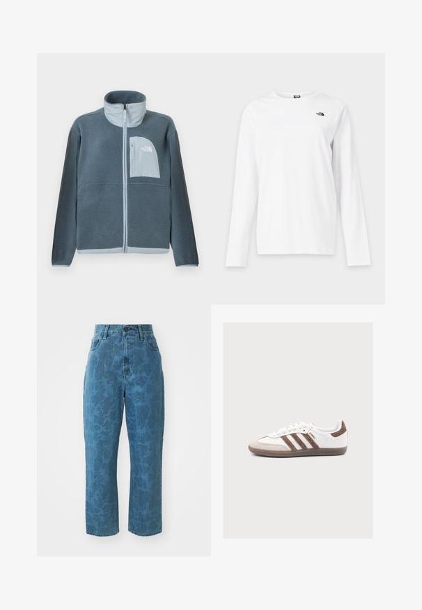Lyseblå fleecetrøje med fuld lynlås foran og brystlomme med The North Face-logo på højre side.; Hvid langærmet T-shirt med rund hals og lille sort The North Face-logo på venstre bryst.; Lyseblå denim jeans med en subtil mønstret struktur, høj talje og lige ben. Har en frontlukning med knap og lynlås.; Hvid Adidas Samba sneaker med brune ruskindstriber, brun ruskindstå og gummisål på en lys grå baggrund.