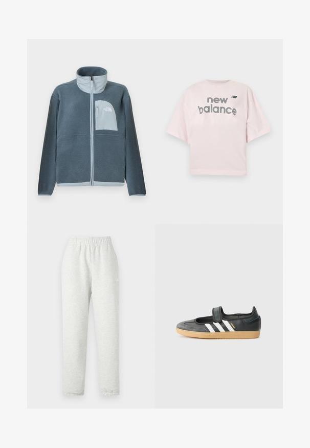 Lyseblå fleecetrøje med fuld lynlås foran og brystlomme med The North Face-logo på højre side.; Lyserød kortærmet t-shirt med teksten "new balance" og lille sort "NB"-logo centreret på brystet.; Lys grå sweatpants med elastisk talje, tapered ben og ribbede manchetter. Fremstillet af et blødt, tekstureret stof. Hvid logo detalje på siden.; Sort læder- og ruskinds sneakers med en Velcro-rem, der har tre hvide striber og en gummisål, mærket "SAMBA" på siden.