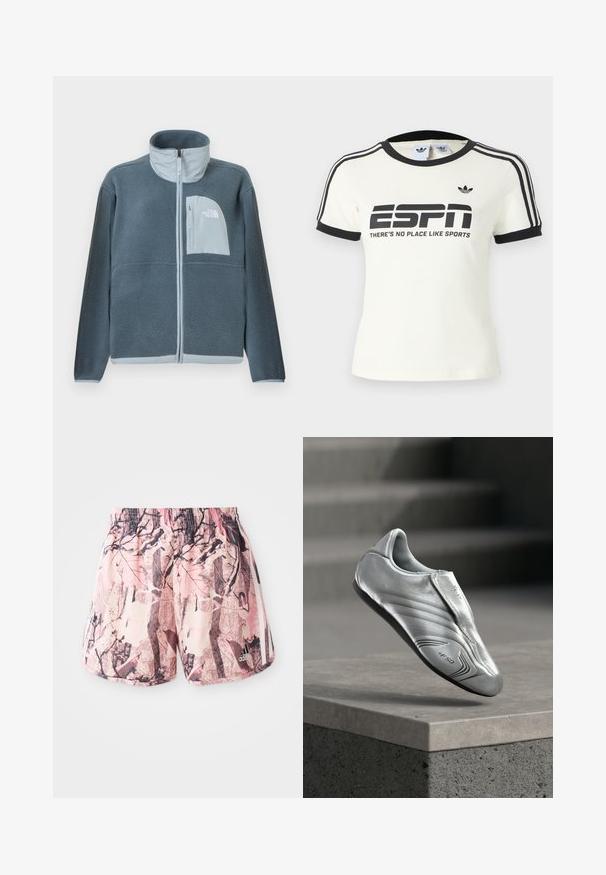 Vaaleansininen fleece-takki, jossa on koko etuosan vetoketju ja rintatasku, jossa on The North Face -logo oikealla puolella.; Valkoinen t-paita lyhyillä hihoilla, mustilla yksityiskohdilla, jossa on "ESPN"-teksti ja iskulause "THERE'S NO PLACE LIKE SPORTS" sekä kolme mustaa raitaa olkapäillä.; Vaaleanpunaiset ja ruskeat kuviolliset shortsit, joissa on joustava vyötärö ja sivu raidat, sekä graafinen suunnittelu, joka muistuttaa lehvistöä ja oksia.; Hopea jalkapallokenkä, jossa on tyylikäs, sileä nahka ja virtaviivainen muoto. Kenkässä on hienovaraiset tekstuuriviivat ja musta kumipohja. Merkittävänä yksityiskohtana +F50-logo.