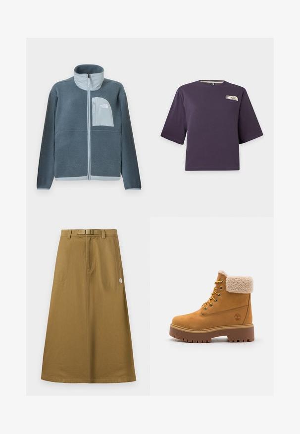 Lichtblauwe fleecejas met volledige ritssluiting aan de voorkant en een borstzakje met het The North Face-logo aan de rechterzijde.; Paarse korte mouw crop top met een klein beige The North Face-logo op de bovenste linkerborst.; Lange, beige buitenrok met voorzakken, geïntegreerde riem en het The North Face-logo aan de rechterkant.; Tan suède laars met een nepbont kraag, gouden oogjes en een contrasterende rubberen zool. Voorzien van een logo op de zijkant en een gestructureerde loopvlak.