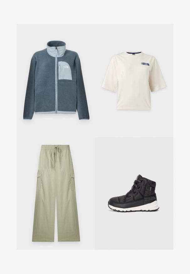 Svetlomodrá flísová bunda s plným predným zipsom a náprsným vreckom s logom The North Face na pravej strane.; Biele tričko s krátkym rukávom s malým modrým logom The North Face v hornej ľavej časti hrudníka.; Svetlozelené široké cargo nohavice s elastickým pásom a šnúrkou, s bočnými vreckami so záklopkou a voľným strihom.; Čierne stredne vysoké turistické topánky s textúrovaným povrchom, nastaviteľnými šnúrkami a bielou gumovou podrážkou. Obsahujú branding po boku.