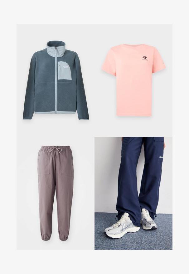 Chaqueta de forro polar azul claro con cremallera frontal completa y bolsillo en el pecho con el logo de The North Face en el lado derecho.; Camiseta de manga corta color rosa claro con el logo de Columbia en el pecho izquierdo y fondo liso.; Pantalones grises de cintura elástica con cordón, que cuentan con dos bolsillos delanteros y tobillos ajustados, exhibidos sobre un fondo blanco.; Zapatillas deportivas Nike con parte superior de malla plateada, acentos blancos y suelas texturizadas, combinadas con pantalones azul marino de corte holgado.