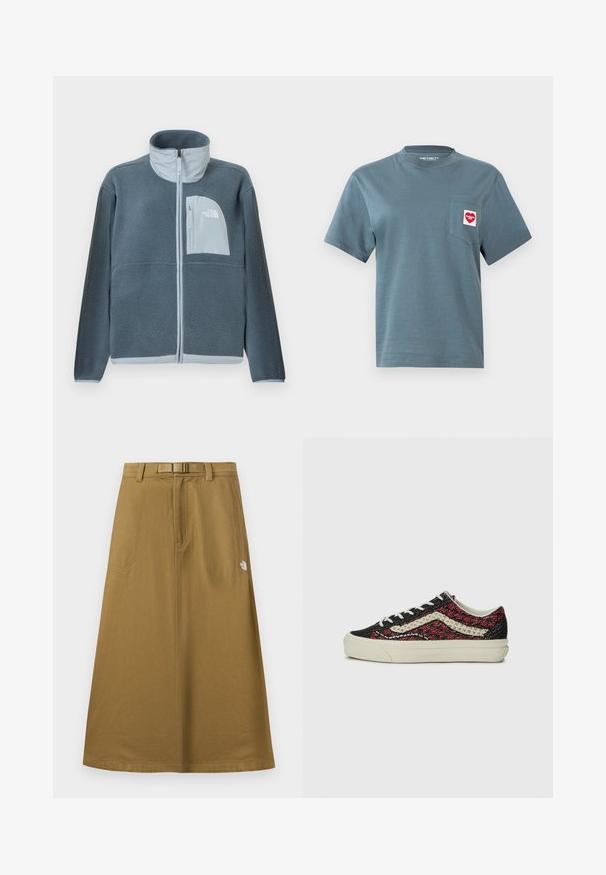 Lichtblauwe fleecejas met volledige ritssluiting aan de voorkant en een borstzakje met het The North Face-logo aan de rechterzijde.; Blauw T-shirt met korte mouwen en een ronde hals, met een borstzakje aan de linkerkant met een rood-wit hartvormig Carhartt WIP-logo.; Lange, beige buitenrok met voorzakken, geïntegreerde riem en het The North Face-logo aan de rechterkant.; Vans OLD SKOOL 36 UNISEX - Sneakers laag - bordeaux